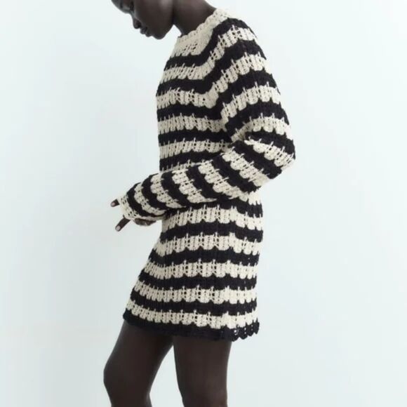 Black Cream Striped Pointelle Open Knit Long Sleeve Pullover Tunic Sweater (NWT) - Picture 2 of 7